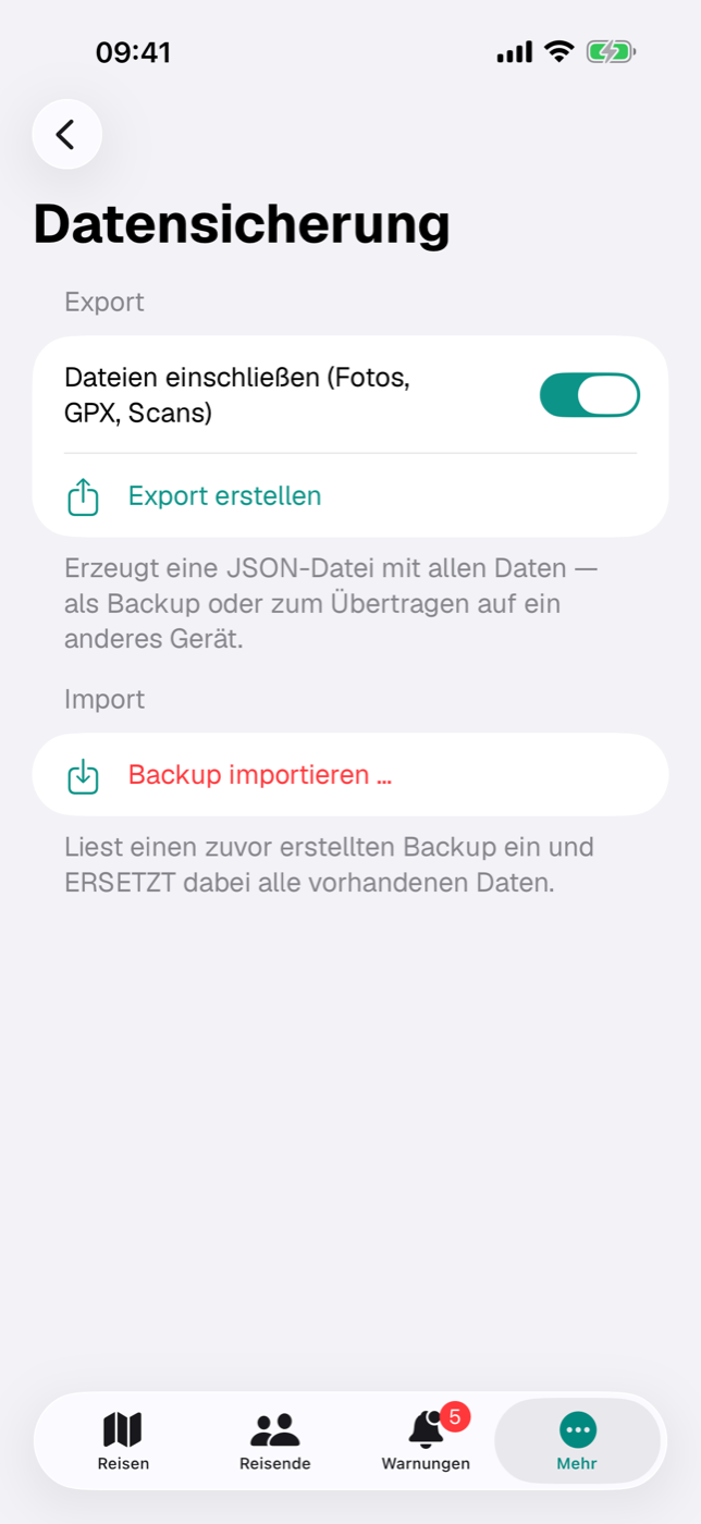 Bildschirm „Datensicherung“ mit Schalter „Dateien einschließen“, Knopf „Export erstellen“ und Import-Abschnitt