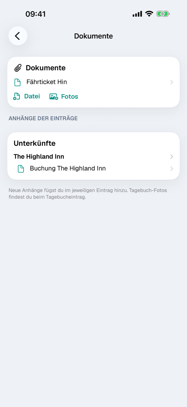 Die Dokumente-Übersicht einer Reise