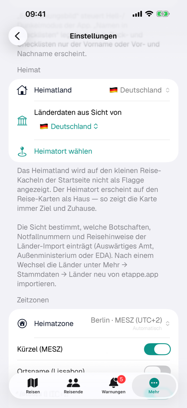 Der Abschnitt „Heimat“ in den Einstellungen: Heimatland, Sicht der Länderdaten, Heimatort