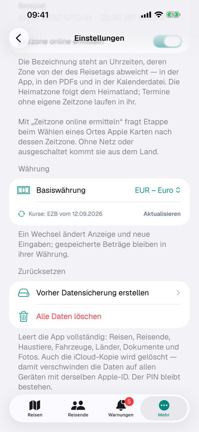 Der Abschnitt „Währung“ mit Basiswährung und Kursstand
