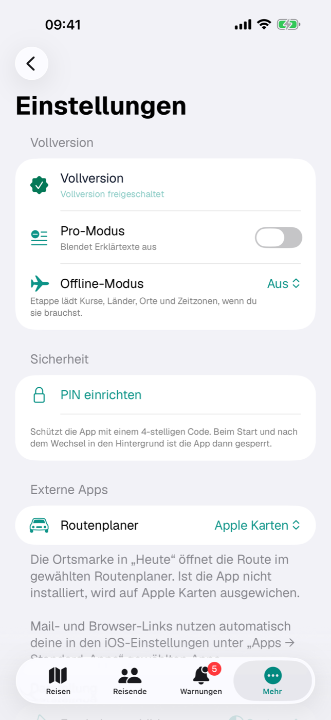 Der Abschnitt „Sicherheit“ in den Einstellungen, hier noch ohne eingerichteten Code