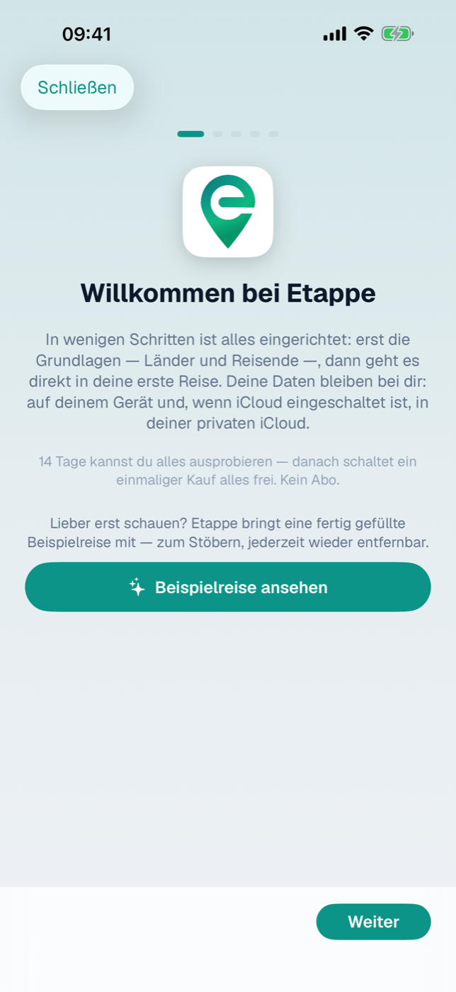 Startbildschirm und erster Screen des Erste-Schritte-Assistenten