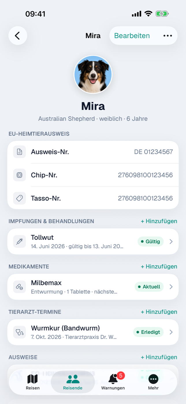 Haustier-Detail mit Heimtierausweis, Impfung, Medikament und Tierarzt-Termin