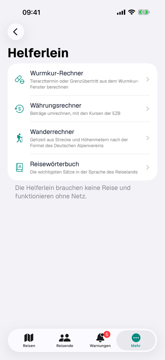 Die Helferlein: Wurmkur-Rechner, Währungsrechner, Wanderrechner und Reisewörterbuch