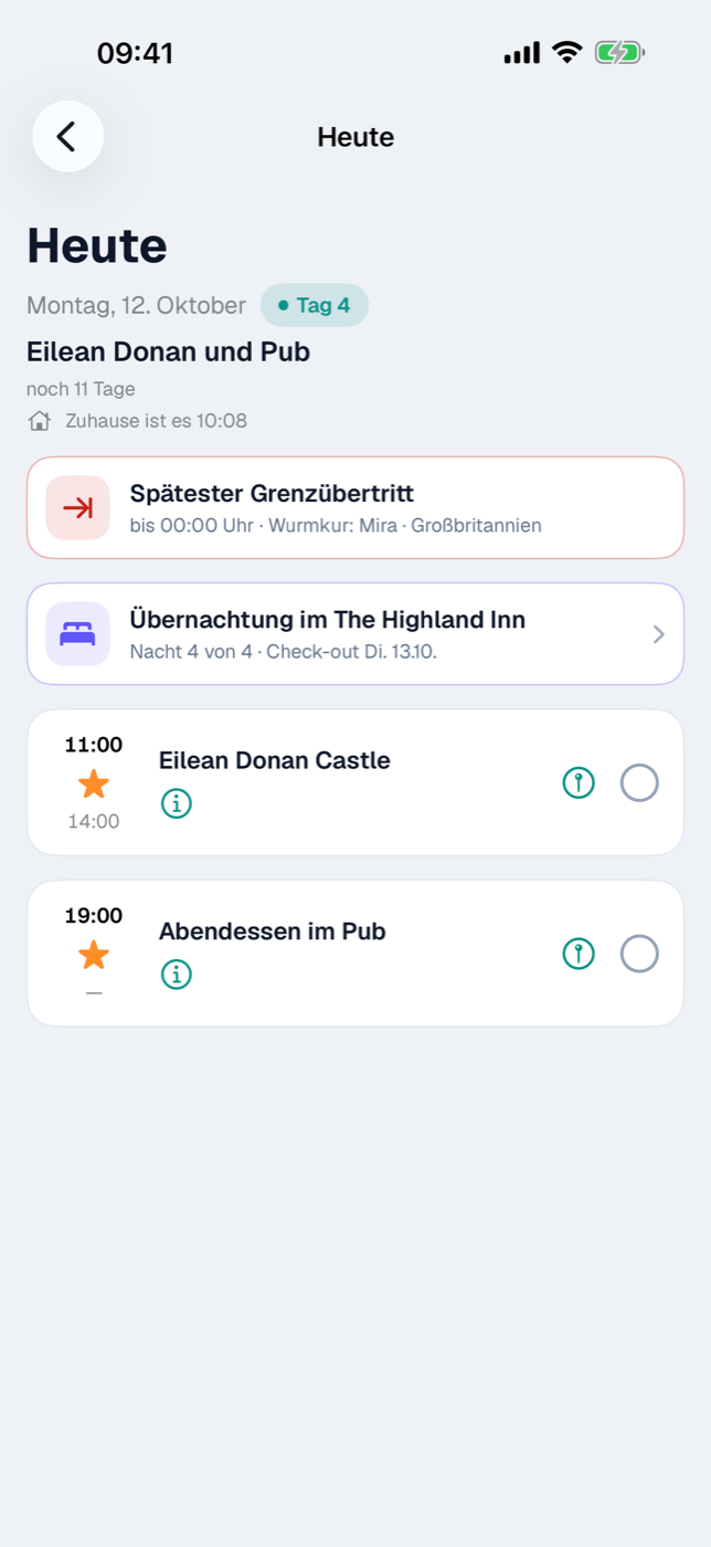 Heute-Bildschirm mit Kopfzeile „Tag 4“, Übernachtungs-Karte und zwei Event-Karten