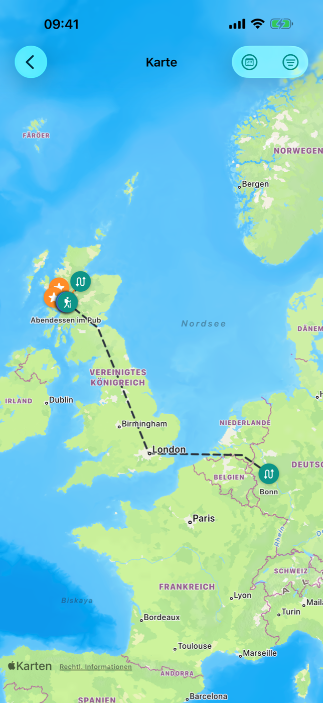 Reise-Karte mit Pins verschiedener Typen, Streckenlinie und Haus-Marker