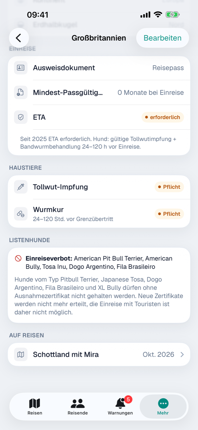 Länderdetail mit der Karte „Listenhunde“: Einreiseverbot und Hinweis