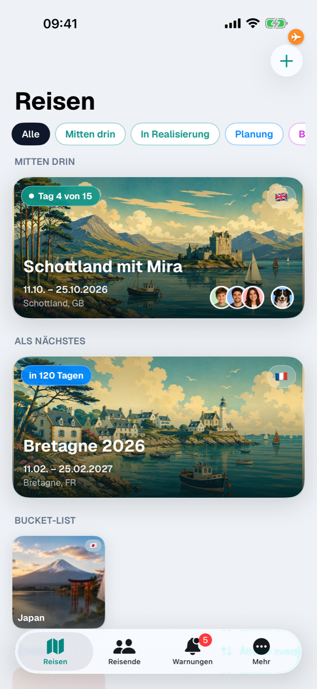 Reiseliste mit dem orangefarbenen Flugzeug oben rechts: Offline-Modus „Daten sparen“