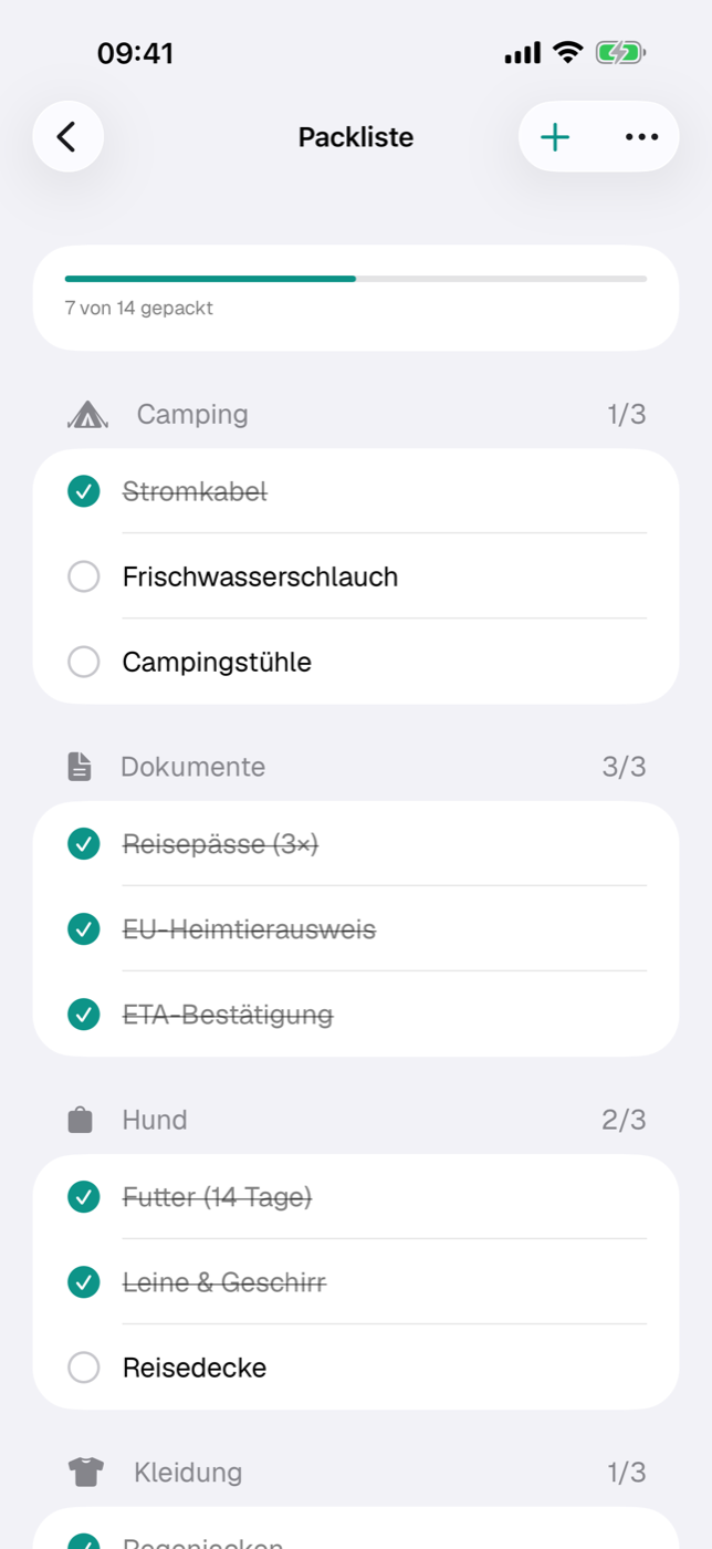 Packliste mit Fortschrittsbalken, Kategorie-Abschnitten und abgehakten Einträgen