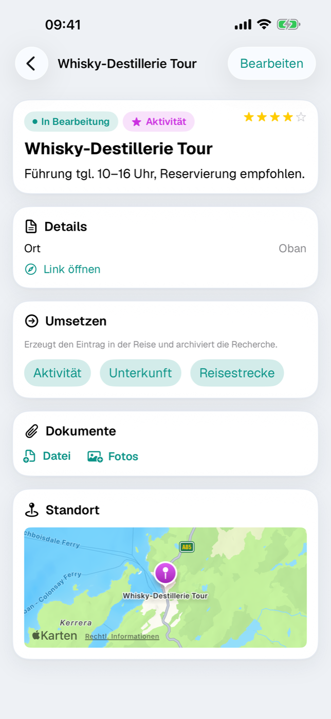Recherche-Detail mit Kopf-Card, Details und Umsetzen-Knöpfen