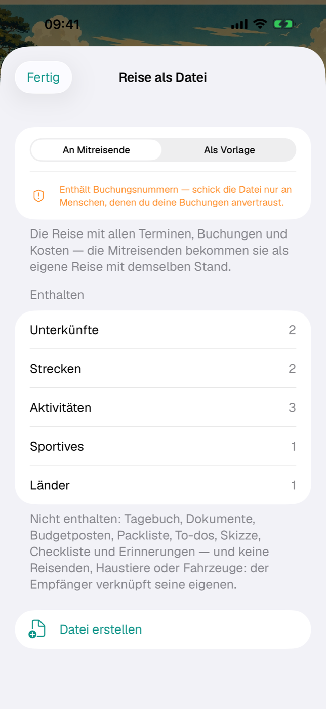 Dialog „Reise als Datei“ mit den Modi An Mitreisende und Als Vorlage und der Liste, was enthalten ist