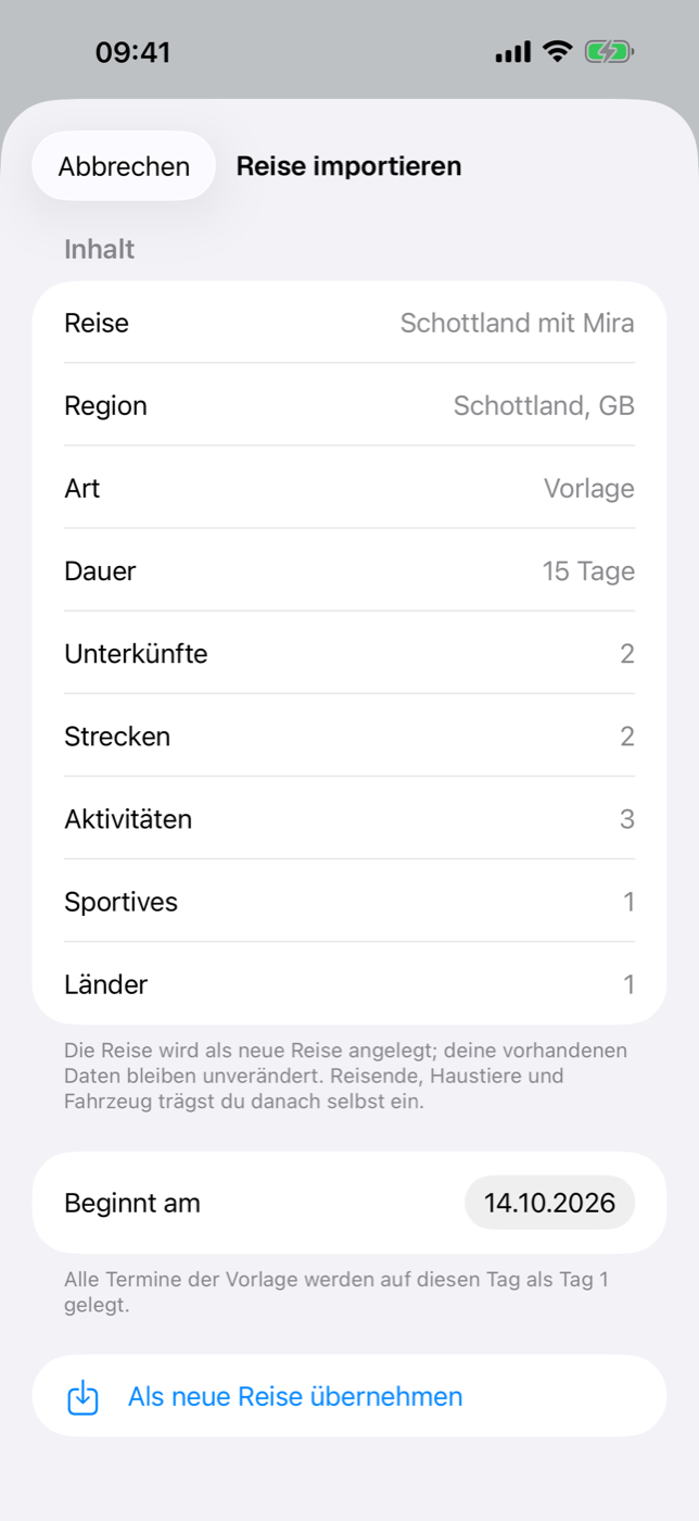 Dialog „Reise importieren“ einer Vorlage mit Inhalt, Reisebeginn und dem Knopf Als neue Reise übernehmen