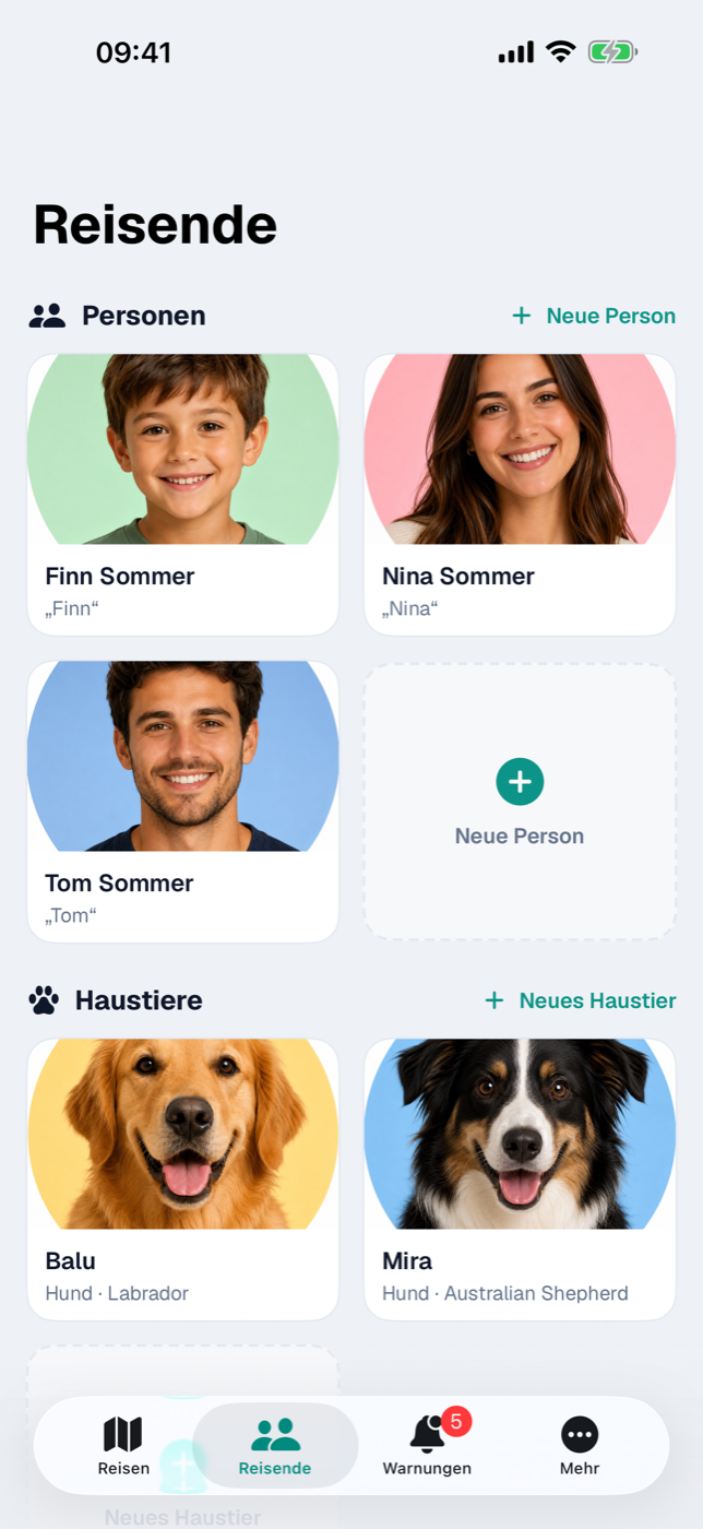 Tab „Reisende“ mit Foto-Kacheln der Personen und der gestrichelten Kachel „Neue Person“