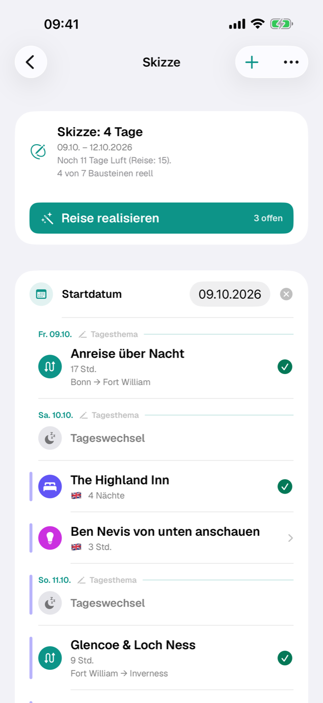 Skizze-Liste mit Tag-Köpfen, Bausteinen und Übernachtungs-Balken