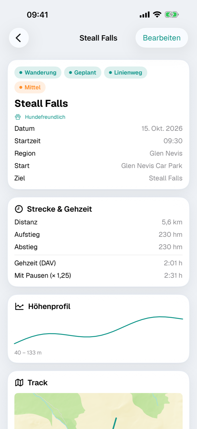 Sportives-Detail mit Gehzeit-Karte, Höhenprofil und Track