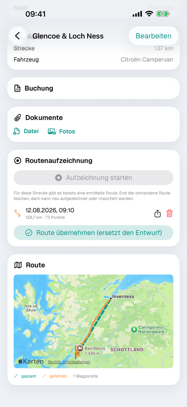Strecken-Detail mit aufgezeichneter Route: geplant gestrichelt, gefahren durchgezogen