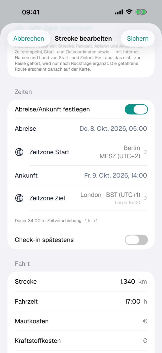 Strecken-Formular mit Zeitzone Start und Ziel und der Zeile „Dauer · Zeitverschiebung“