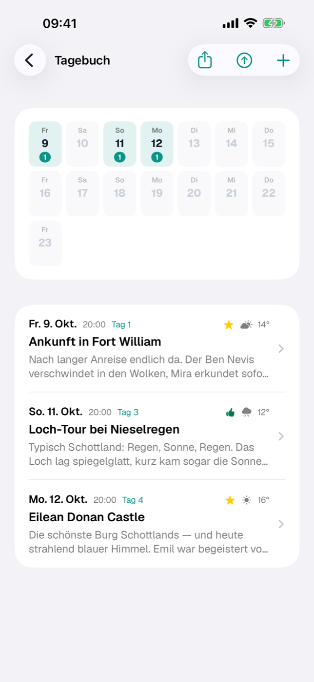 Tagebuch-Liste mit Tageraster oben und zwei Einträgen