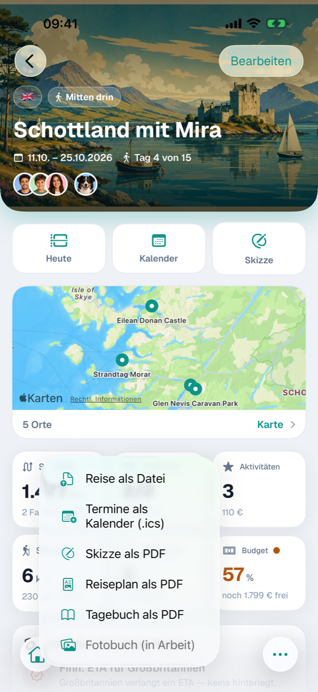 Reise-Detail mit geöffnetem Teilen-Menü in der unteren Leiste