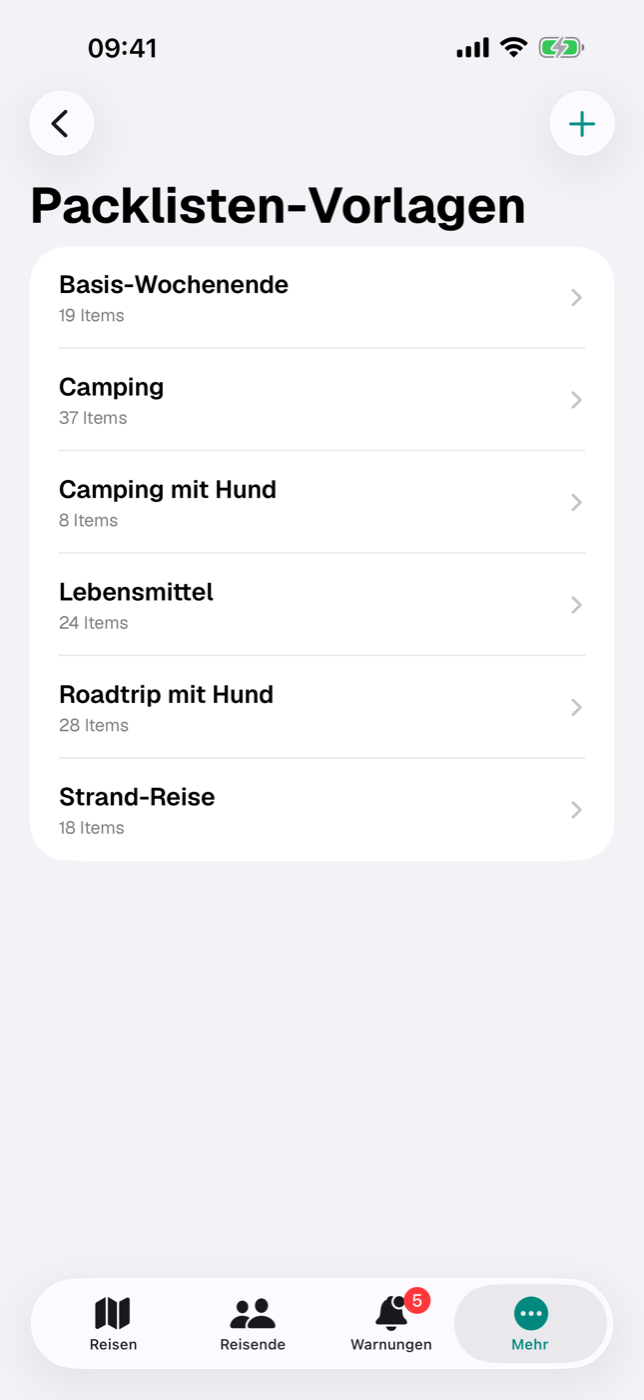 Liste der Packlisten-Vorlagen mit den drei Standardvorlagen und ihren Item-Zahlen