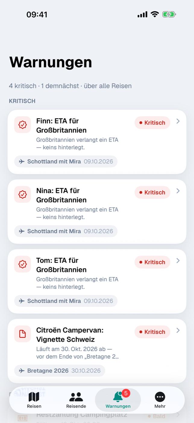 Warnungen-Inbox mit den Gruppen Kritisch und Demnächst