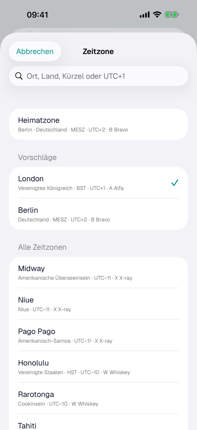 Die Zonen-Auswahl mit Heimatzone, Vorschlägen und Suchfeld
