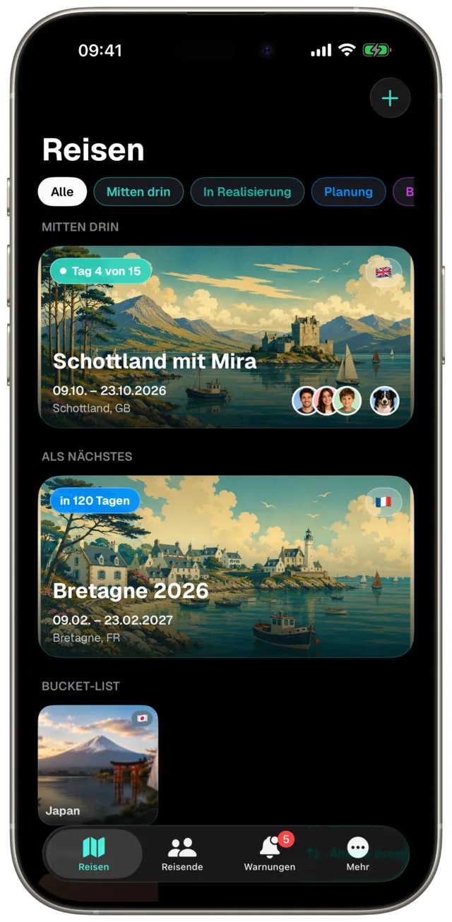 Reise-Übersicht in der Etappe-App, dunkles Erscheinungsbild
