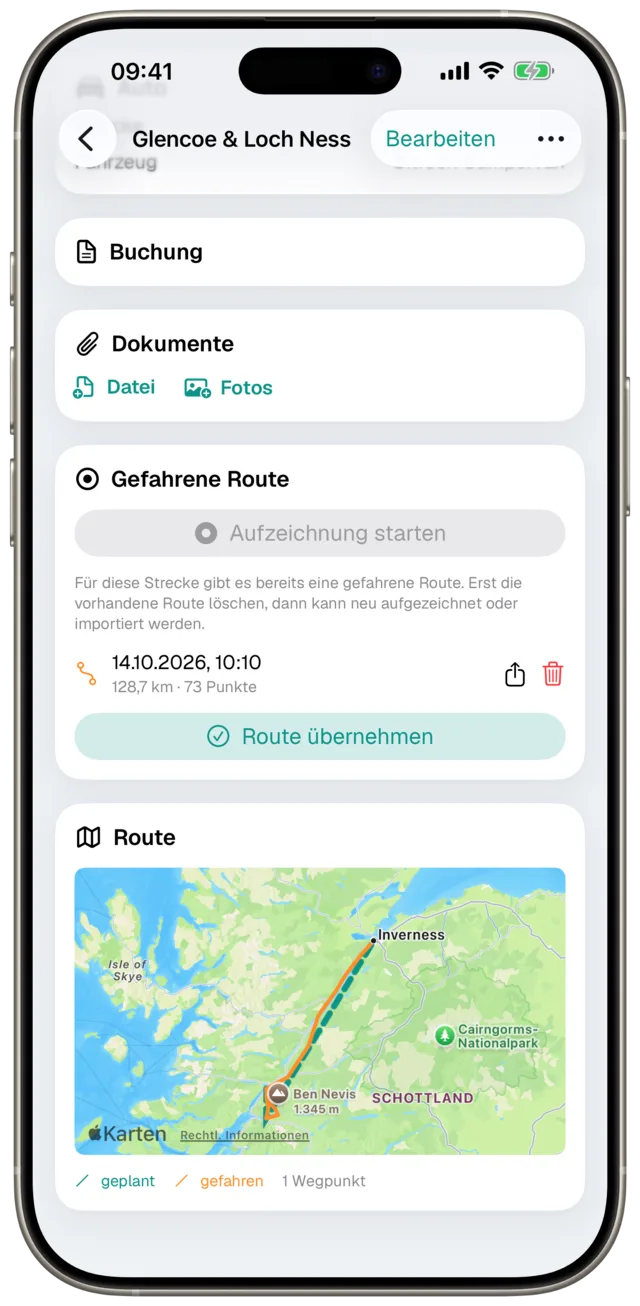 Strecke mit aufgezeichneter Route in Etappe